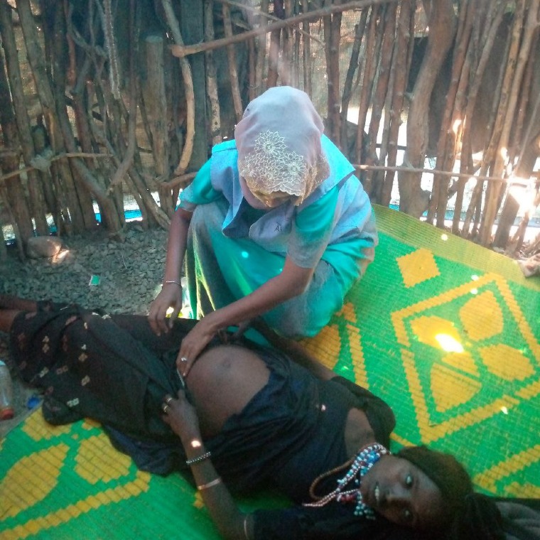 Trained TBA providing antenatal care to expectant mother